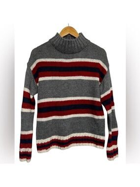 Kismet Striped Knit Mock Neck Sweater - Medium Red Grey Navy White Cozy